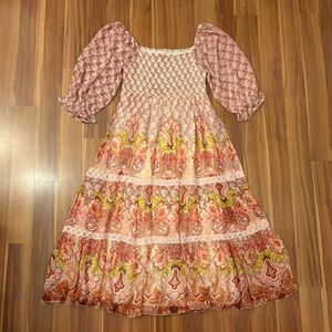 Derhy pink romantic flowing boho beaded tiered midi dress w sheer puff sleeves